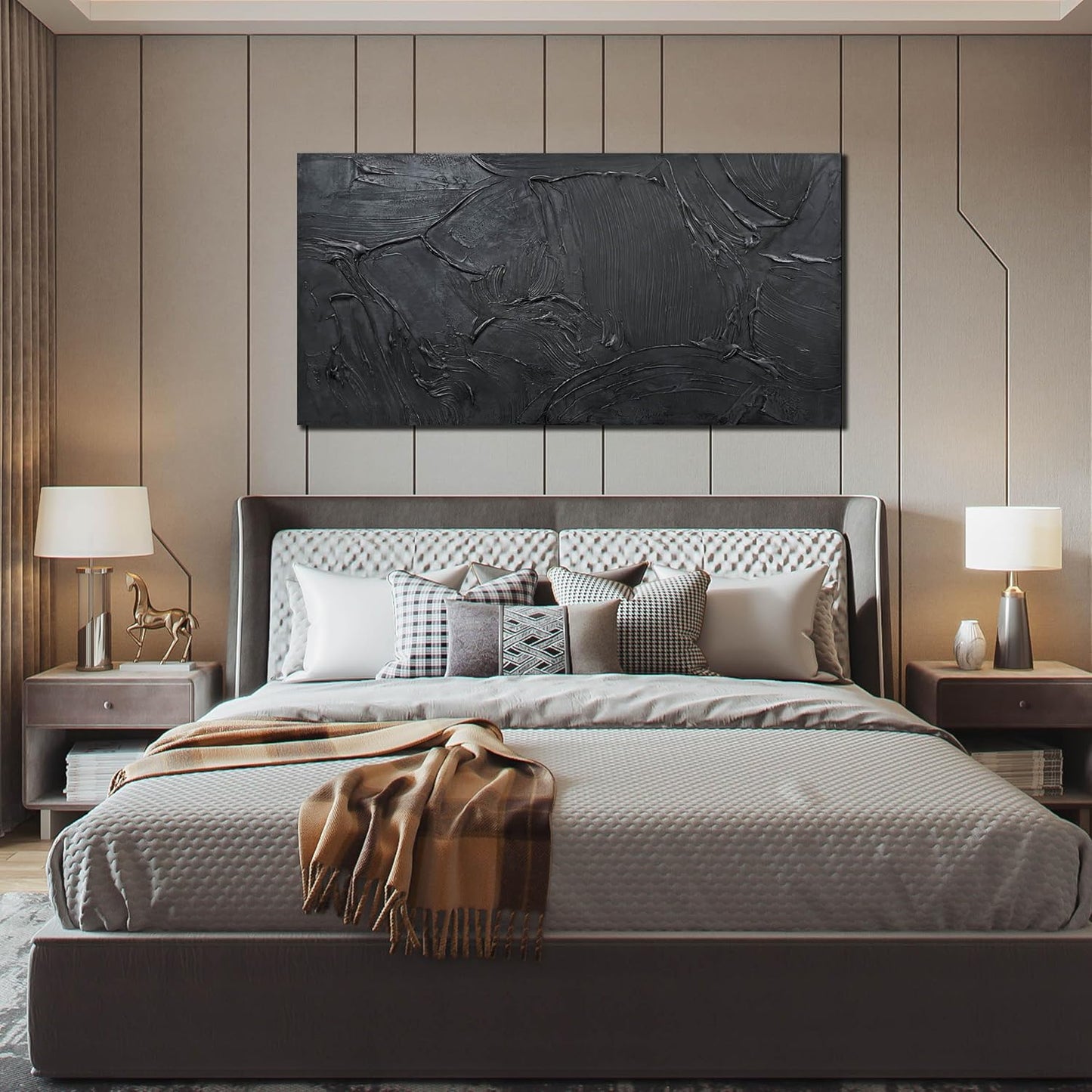 Abstract Art Pictures for Wall in Living Room - Minimalist Wall Art for Teen Boys Bedroom - Black Hand Painted Wall Art for Office Size 24" x 47"