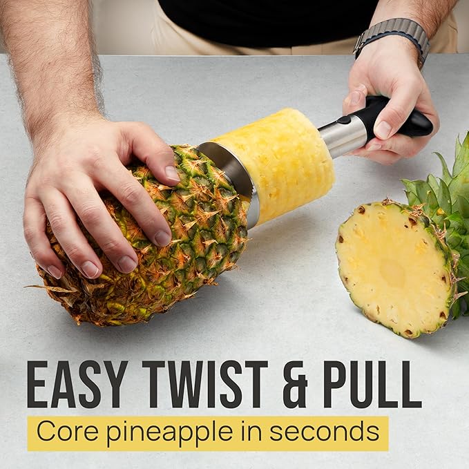 Zulay Kitchen Stainless Steel Pineapple Corer & Slicer – Heavy-Duty Pineapple Cutter with Reinforced Blade & Eye Removal Tool – Effortless Pineapple Core Remover & Slicer - Black