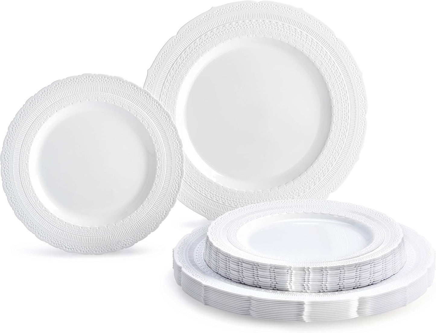 " OCCASIONS " 50 Plates Pack (25 Guests)-Extra Heavyweight Vintage Wedding Disposable/Reusable Plastic Plates -25x11'' Dinner + 25x8.25'' Salad/Dessert (Chateau Collection White)