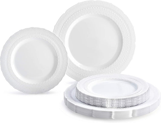 " OCCASIONS " 50 Plates Pack (25 Guests)-Extra Heavyweight Vintage Wedding Disposable/Reusable Plastic Plates -25x11'' Dinner + 25x8.25'' Salad/Dessert (Chateau Collection White)