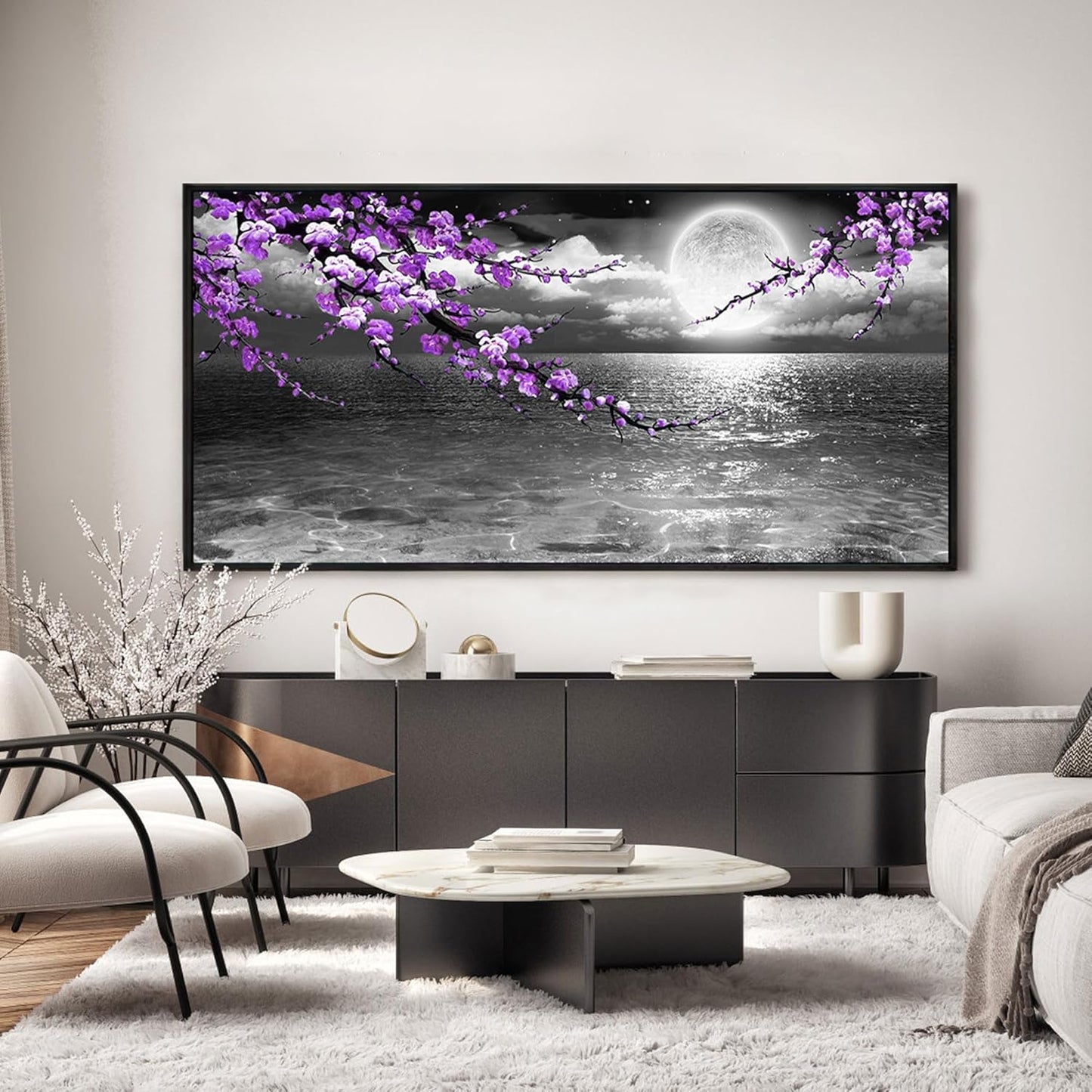 yiijeah Extra Large Paintings for Living Room - Purple Wall Decor Plum Blossom Moon Ocean Canvas Picture Framed Artwork Black and White Seascape Wall Art Home Bedroom Decoration
