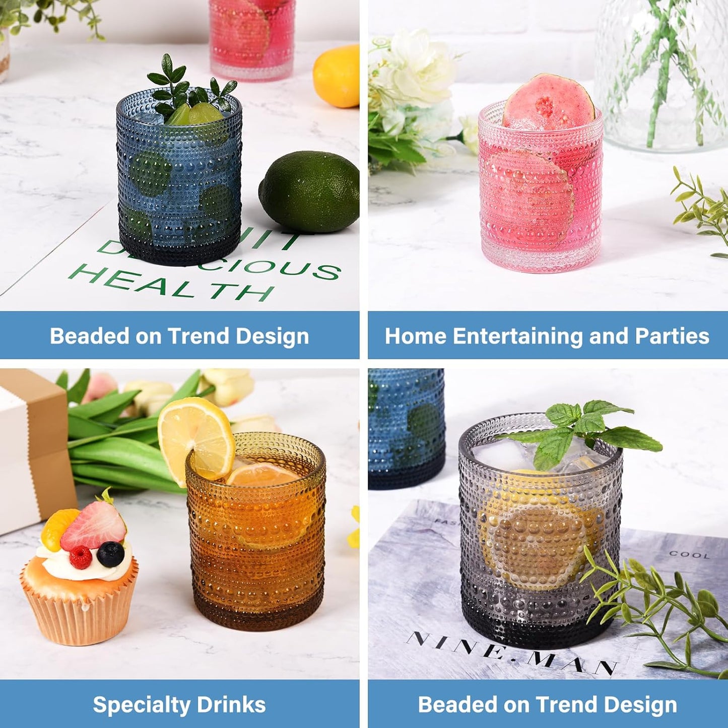 Cocktail Glasses 10 oz Hobnail Drinking Glasses Set of 6, Vintage Glassware, Textured Glass Cups Bubble Glasses Water Glasses Old Fashion Jupiter Glasses Set, Green