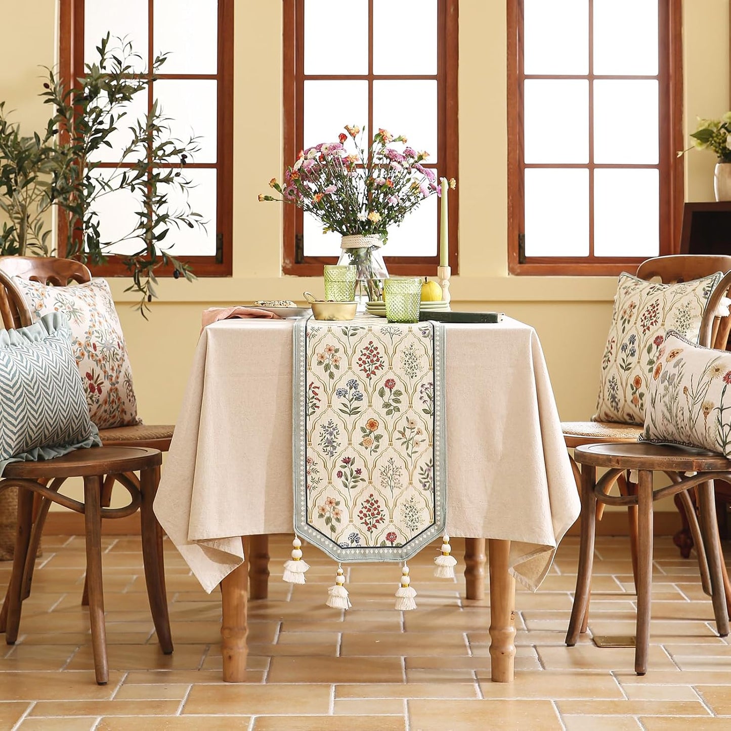 ISAENNE Designer Vintage Elegant Linen Table Runner 118 Inches Extra Long,Colorful Wildflower Pattern Runner,Decor Table Runners for Dining Tables,Thanksgiving,Christmas,12"*118"-Serenity B