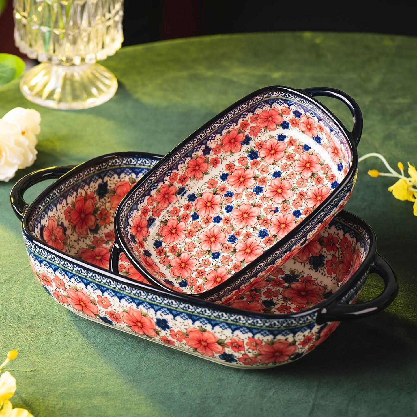 Baking Dish Ceramic Baking Pan Blue Casserole Dish Porcelain rectangular Baking Set 2pcs Bakeware Sets Lasagna Pan Baking Dishes for oven(Pum flower)