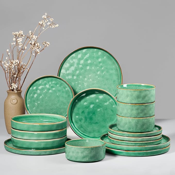HaWare Dinnerware Sets, 16-Piece Plates and Bowls Set, Stoneware Dish Set for 4, Ceramic Dishware Set for Pasta Cereal, Chip and Scratch Resistant, Microwave and Dishwasher Safe, Reactive Green