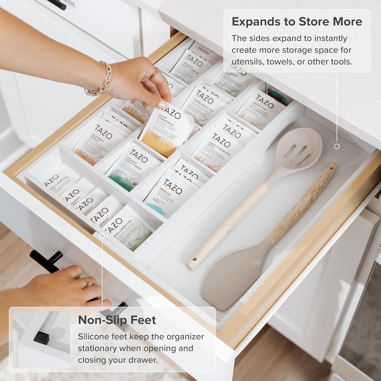 KitchenEdge Tea Bag and Coffee Pod Kitchen Drawer Organizer, Expandable 9.7 to 17 Inches, 10 Storage Compartments, Adjustable Wall Inserts, Non-Slip Feet, Food-Safe White Finish, 100% Bamboo Wood