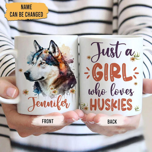 Hyturtle Personalized Gifts Husky Lover - Just A Girl Who Loves Huskies Custom Name Ceramic Coffee Mug Cup 11oz - Idea Cute Dog Lover Gifts For Women, Girl Daughter On Birthday, Christmas