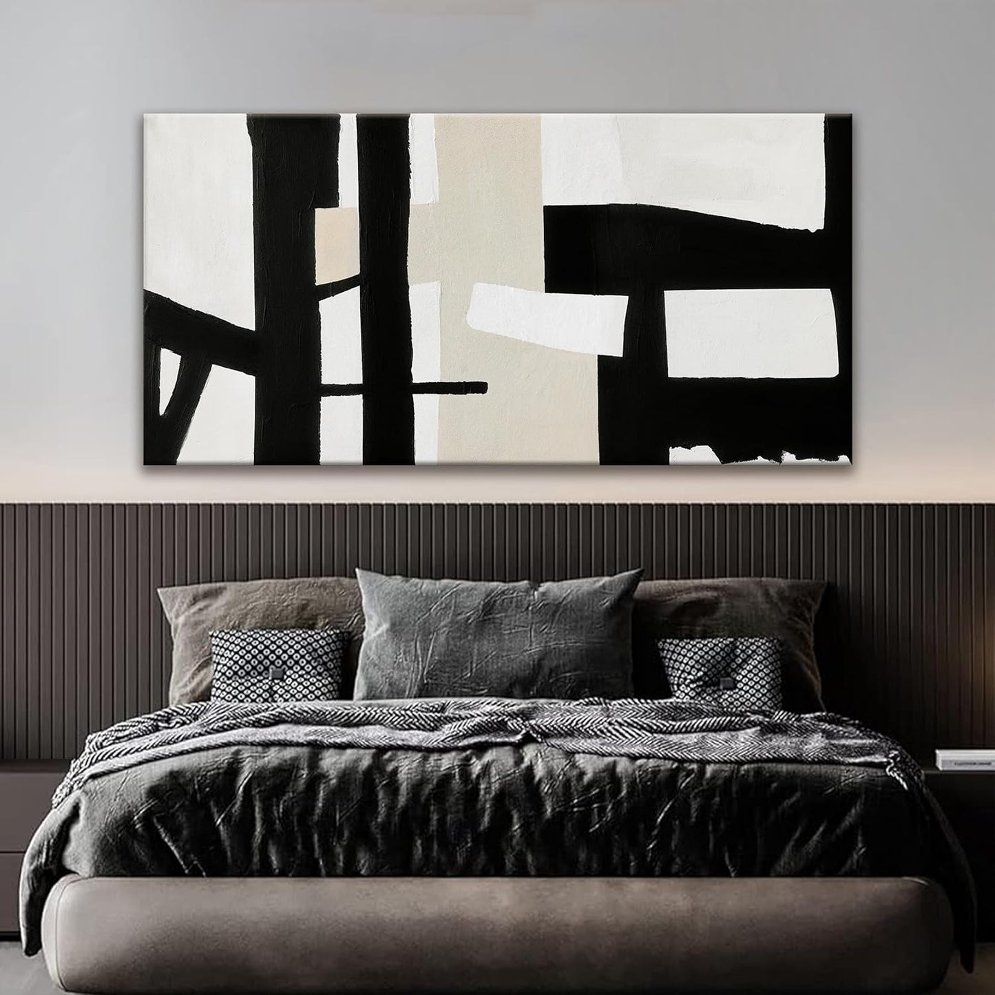 QSQ Large Abstract Wall Art, 29 x 58 Inch, Modern Painting, Black White, Living Room, Office, Bedroom Decor