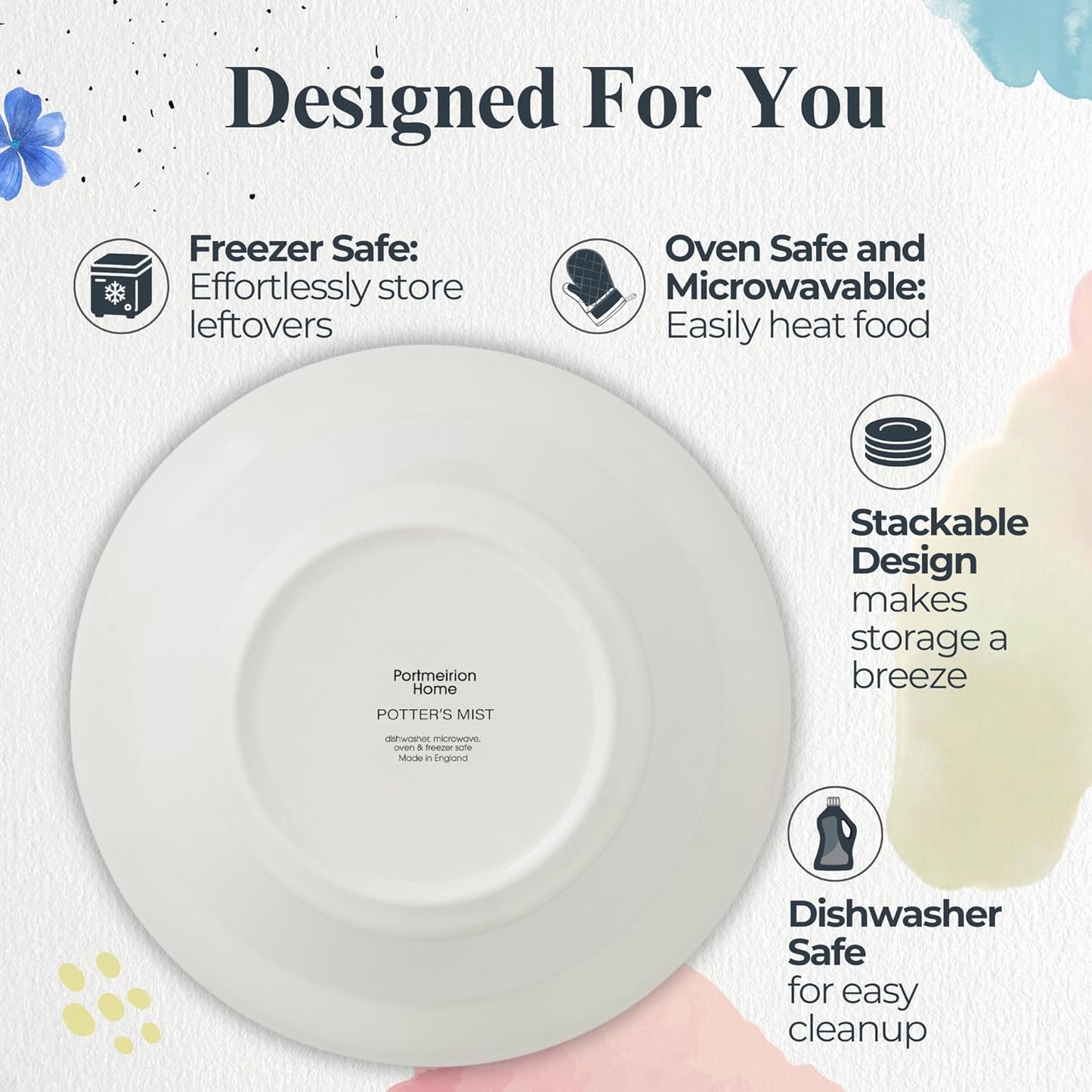 Portmeirion Potter's Mist Oatmeal Bowl (Set of 4) - Ideal for Porridge, Soup, Desserts - Microwave & Dishwasher Safe Earthenware Bowls, Durable Dishware Collection - Made in UK (Grey Mist)