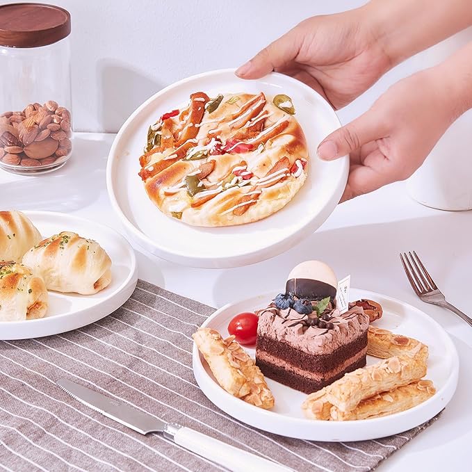 AntoKueh White Porcelain Flat Dessert Plates Set of 6, 8.2 Inch Ceramic Dishes with High Edge for Kitchen, Appetizer, salad, Dishwasher/Microwave safe