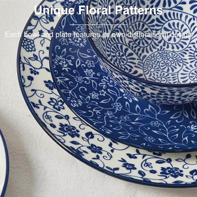 ONEMORE 12 Piece Ceramic Dinnerware Set for 4, Vintage Blue Stoneware Plates & Bowls Set - Scratch Resistant, Microwave, Dishwasher & Oven Safe, Everyday Family Meals