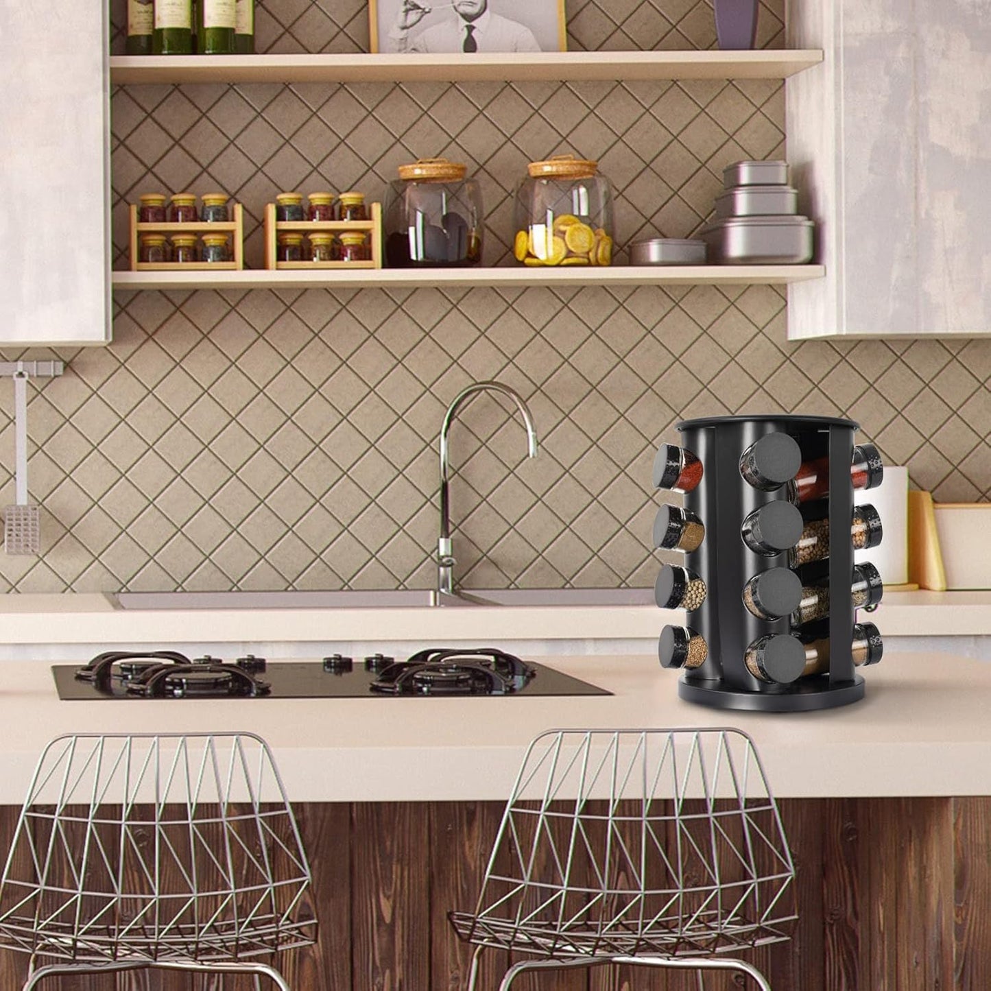 Black Countertop Rotating Spice Rack,Round Empty 16-Jars Revolving Spice Rack Organizer, 135 Spice Labels with Funnel Complete Set, for Kitchen Countertop, Cabinet