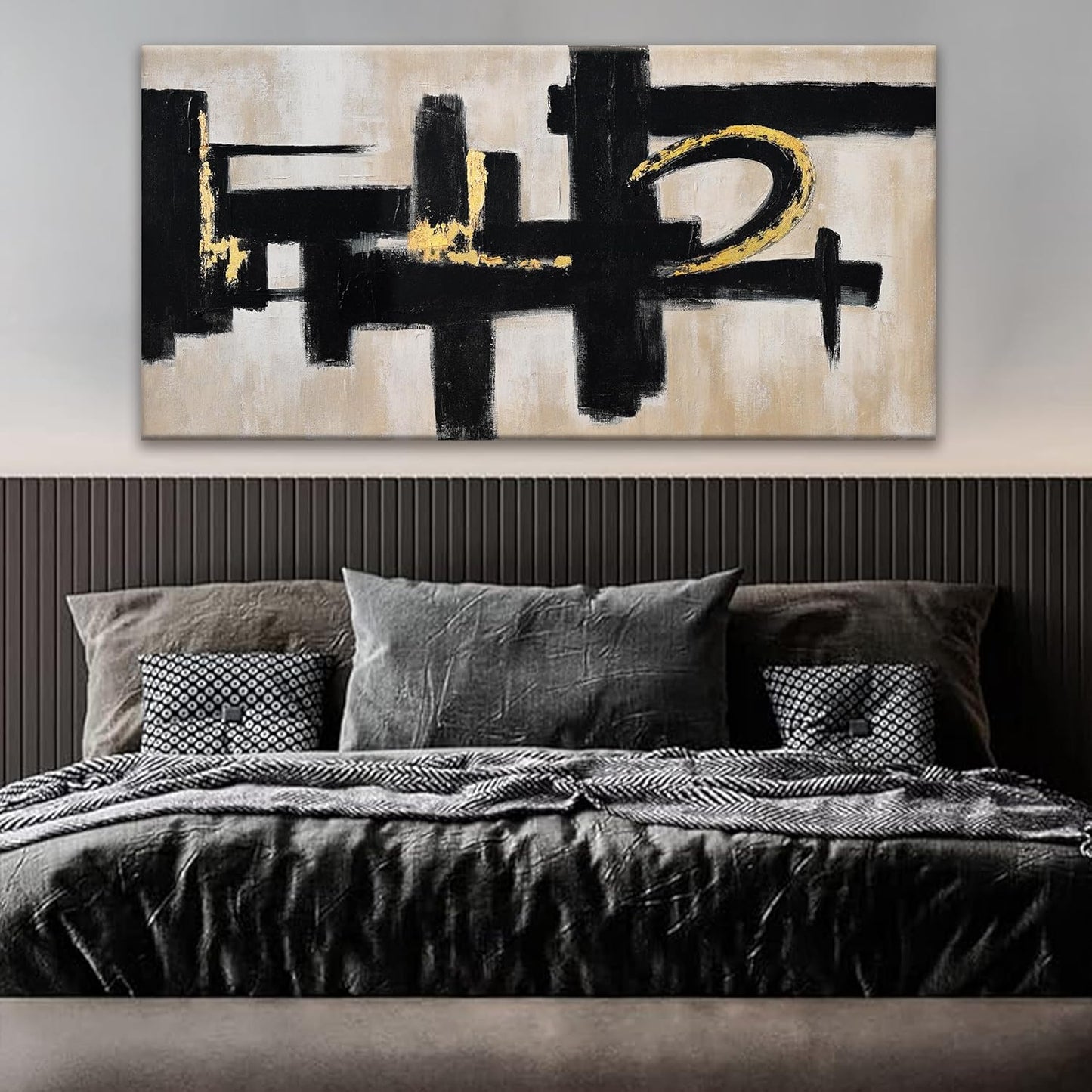 Black And Off-White Abstract Wall Art 24 x 48 Inches Modern Picture Paintings On Canvas Art Wall Decor Minimalist Textured Abstract Wall Decor Painting For Living Room Office Home Wall Decorations