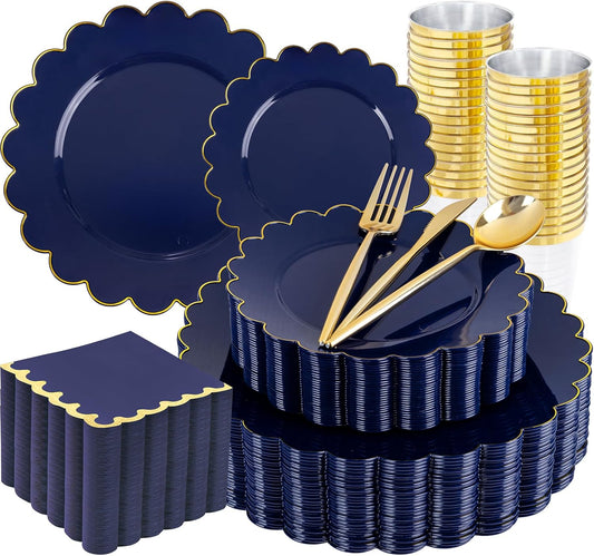 LIYH 210 Pcs Navy Blue Plastic Plates - 4th of July Party Decorations for Independence Day,Blue Plastic Scalloped Plates Disposable Gold Silverware for Wedding & Party