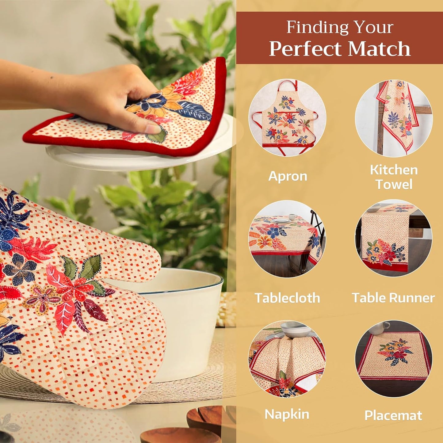 Maison d' Hermine 100% Cotton Oven Mitt & Pot Holder Set (7.5"x13" & 8"x8") Heat Resistant BBQ Cooking Gloves with Loop for Thanksgiving Christmas Decorations Handling Hot Pans (Kalahari)