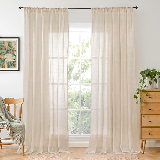 BGment Natural Linen Curtains 90 Inches Long for Living Room, Semi Sheer Window Drapes Lightweight Rustic Country Textured for Farmhouse Bedroom Decor with Rod Pocket, 2 Panels Set, Each 52 Inch Wide