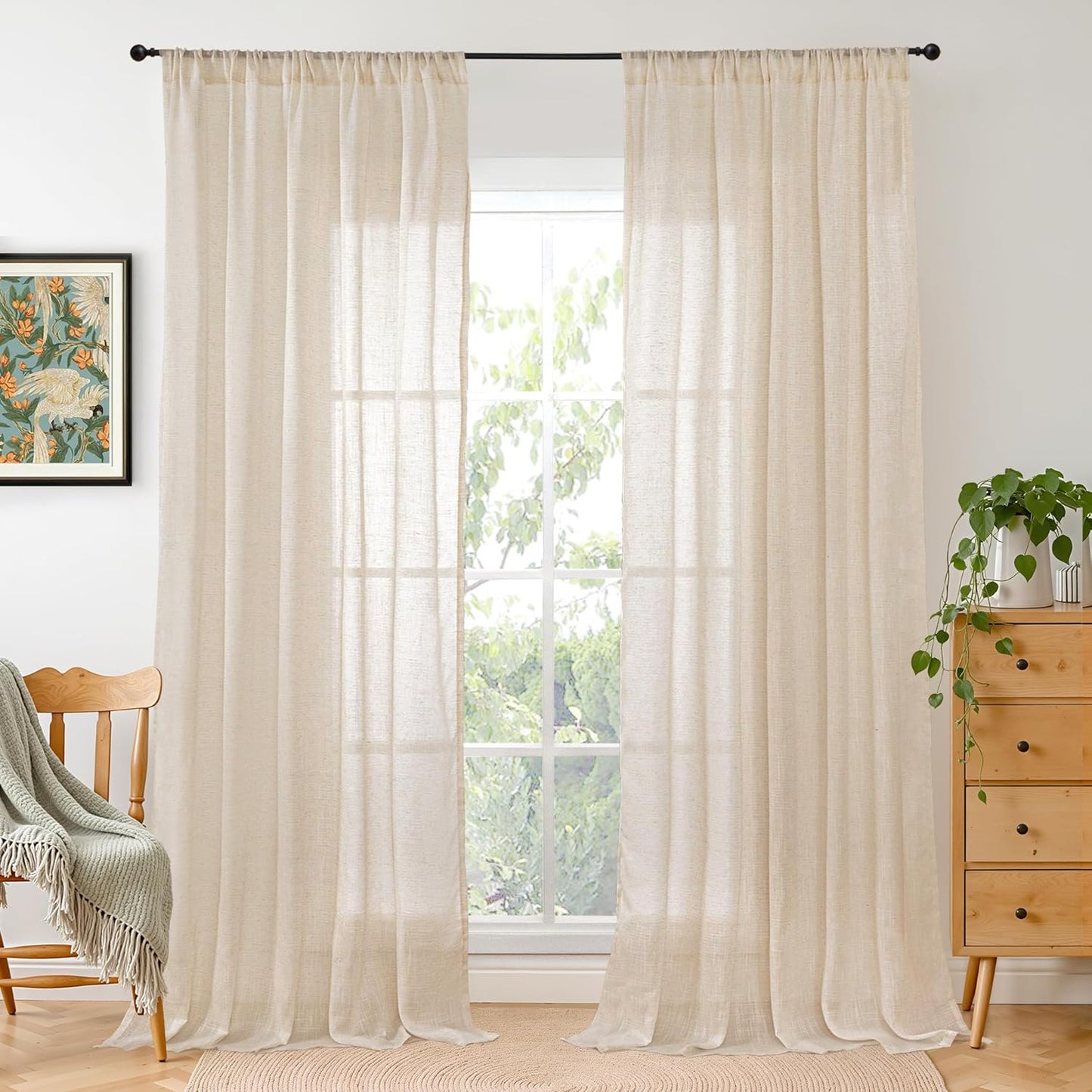 BGment Tan Burlap Linen Curtains 84 Inch Length for Living Room - Light Filtering Semi Sheer Natural Drapes with Rod Pocket Lightweight Window Treatments for Bedroom Farmhouse, 2 Panels, 52 X 84 Inch