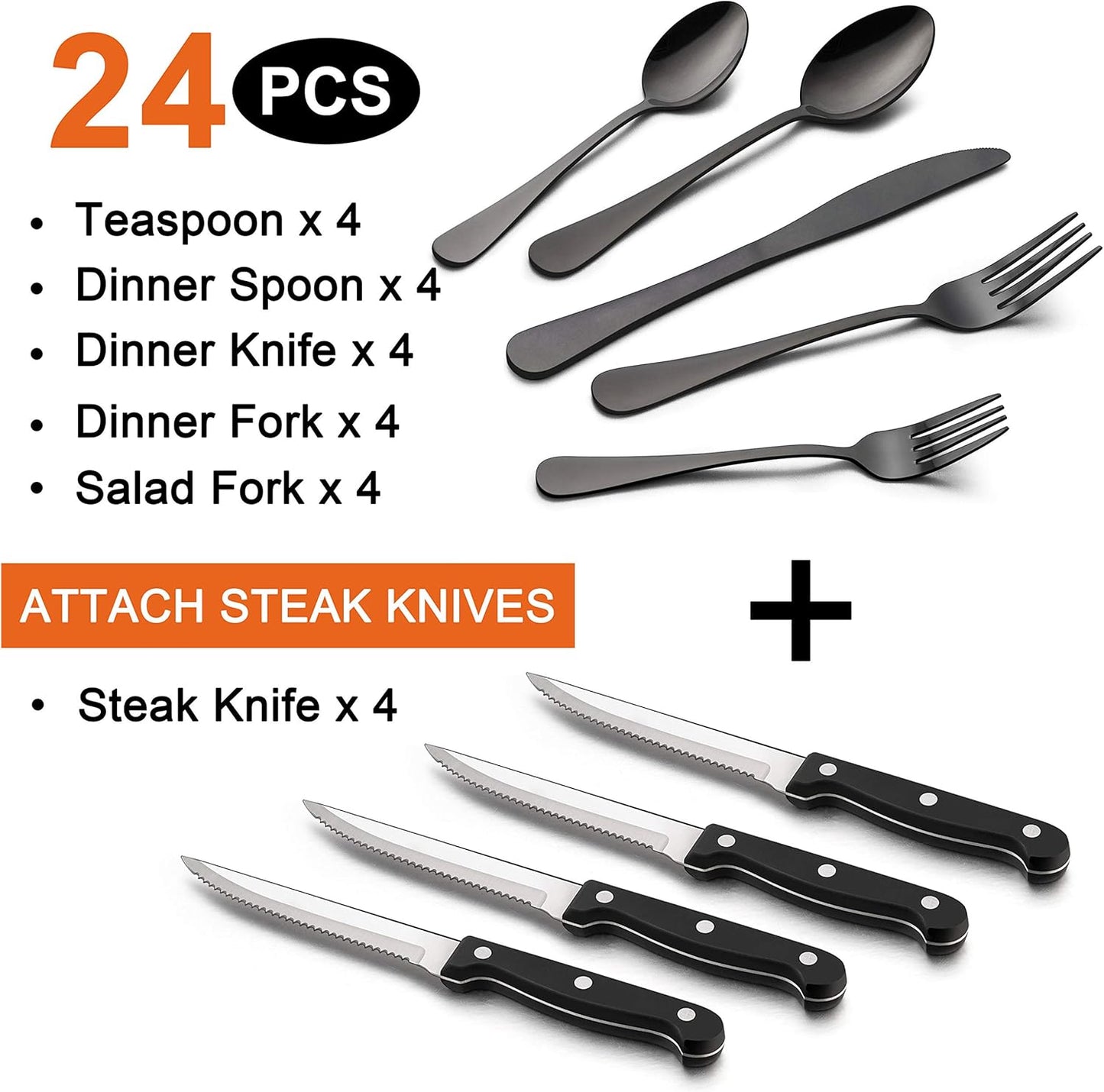 LIANYU 24-Piece Black Silverware Set, Stainless Steel Flatware Cutlery Set for 4, Modern Eating Utensils Tableware, Mirror Finish, Dishwasher Safe