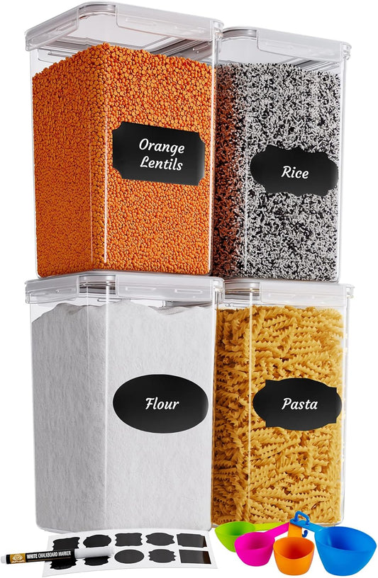 Chef's Path Extra Large Tall Airtight Food Storage Containers, Set of 4, Airtight Food Storage for Flour, Sugar, Rice, Includes Measuring Scoops, Pen, and Labels, 7qt, 220Oz, 6.5L, Transparent