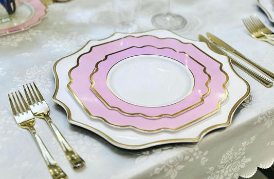 " OCCASIONS " 120 Plates Pack,(60 Guests) Heavyweight Premium Wedding Party Disposable Plastic Plates Set -60 x 10.5'' Dinner + 60 x 8'' Salad/Dessert(Imperial in Light Pink & Gold)