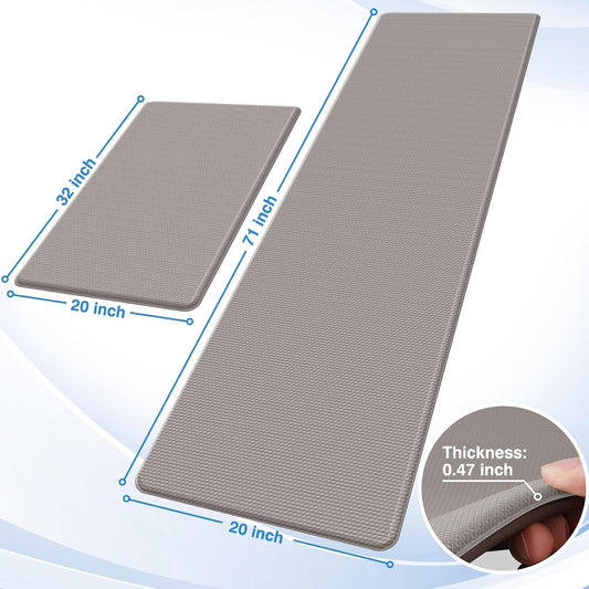 StepRite Kitchen Mats, 2PCS Kitchen Rugs, Cushioned Anti Fatigue Kitchen Mats for Floor, Non-Slip Standing Desk Mat, Waterproof Kitchen Rug Set for Kitchen, 20" x 32"+20" x 71"-0.47 inch Thick, Khaki