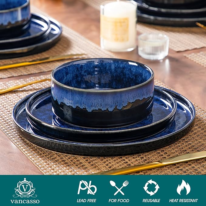 vancasso Starry Plates and Bowls Sets,12 Pieces Blue Dinnerware Sets for Kitchen,Modern Stoneware Dishes Set for 4,Dishwasher and Microwave Safe