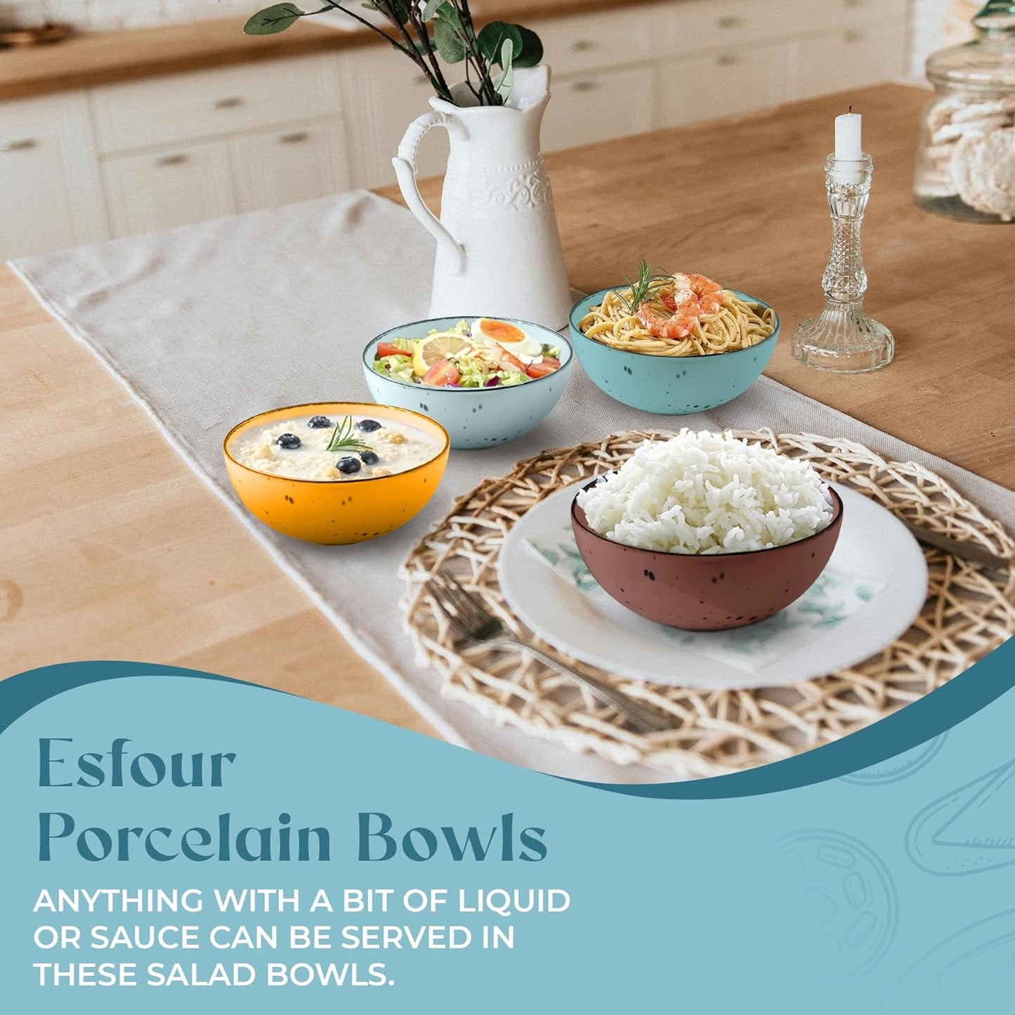 Esfour Round Porcelain Bowls - 20 Ounce - Set of 4 - Microwave, Oven, Dishwasher-Safe, Scratch Resistant, Porcelain Durable Small Dishes Bowls for Cereal, Salad, Pasta, Soup, Dessert - Assorted Vivid