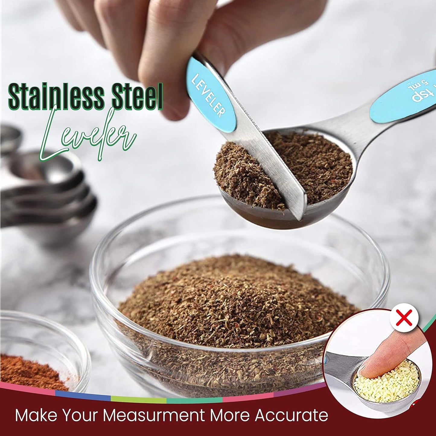 Magnetic Measuring Spoons Set of 9 Stainless Steel Dual-Sided Stackable Measuring Spoon Nesting Teaspoons Measuring Dry and Liquid Ingredients, Fits in Spice Jars Set of 9 (Blue Aqua Sky)