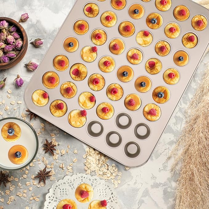 Beasea Mini Muffin Pan 48 Cups Nonstick, 1 Pack 48 Mini Small Tiny Cup Non Stick Muffin Baking Pan Tin Tray Carbon Steel Bakeware Individual Cupcake Baking Pan - Gold