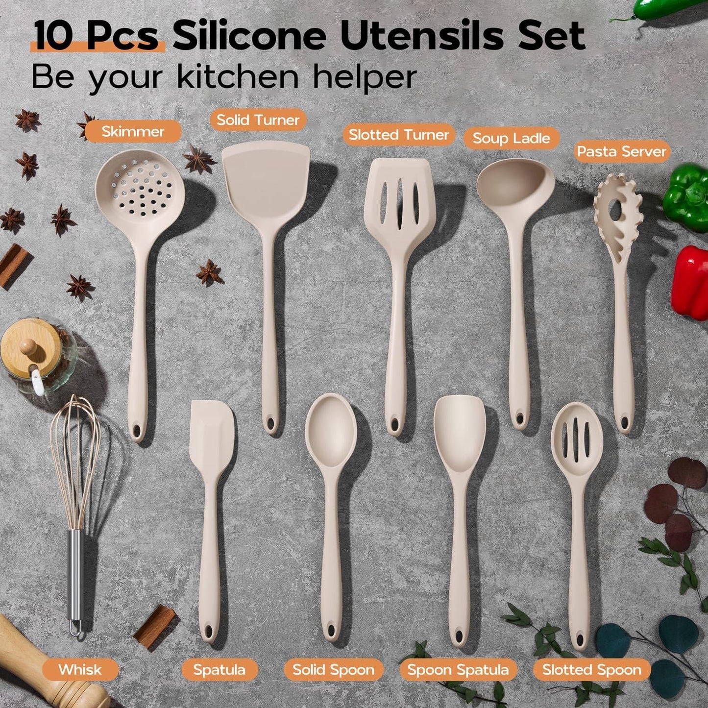 Onader Silicone Cooking Utensils Set of 10, Kitchen Utensils for Nonstick Cookware, Heat Resistant & Nontoxic Spatula Set- Khaki