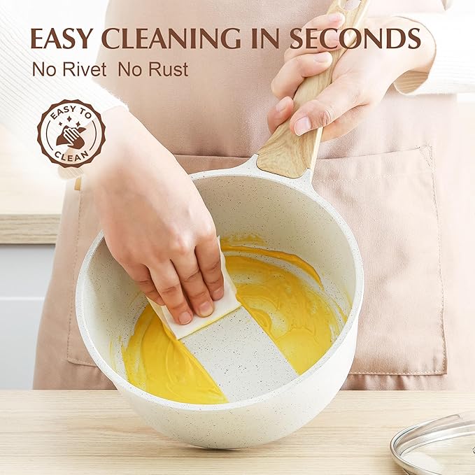 SENSARTE White Ceramic Nonstick Saucepan with Lid 2.5 Quarts, Medium Cooking Pot with Stay Cool Handle, Induction Compatible Saucepot, White Granite Coating, Free of Intentionally Added PTFE/PFOA/PFAS