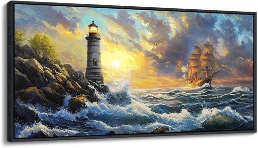 CHATYOUNG Large Wall Art Living Room, Ocean Sunrise Big Waves Framed Wall Pictures Beach Sailboat Lighthouse Landscape Canvas Paintings for Bedroom Dining Room Kitchen Office Home Decor 29x58 IN