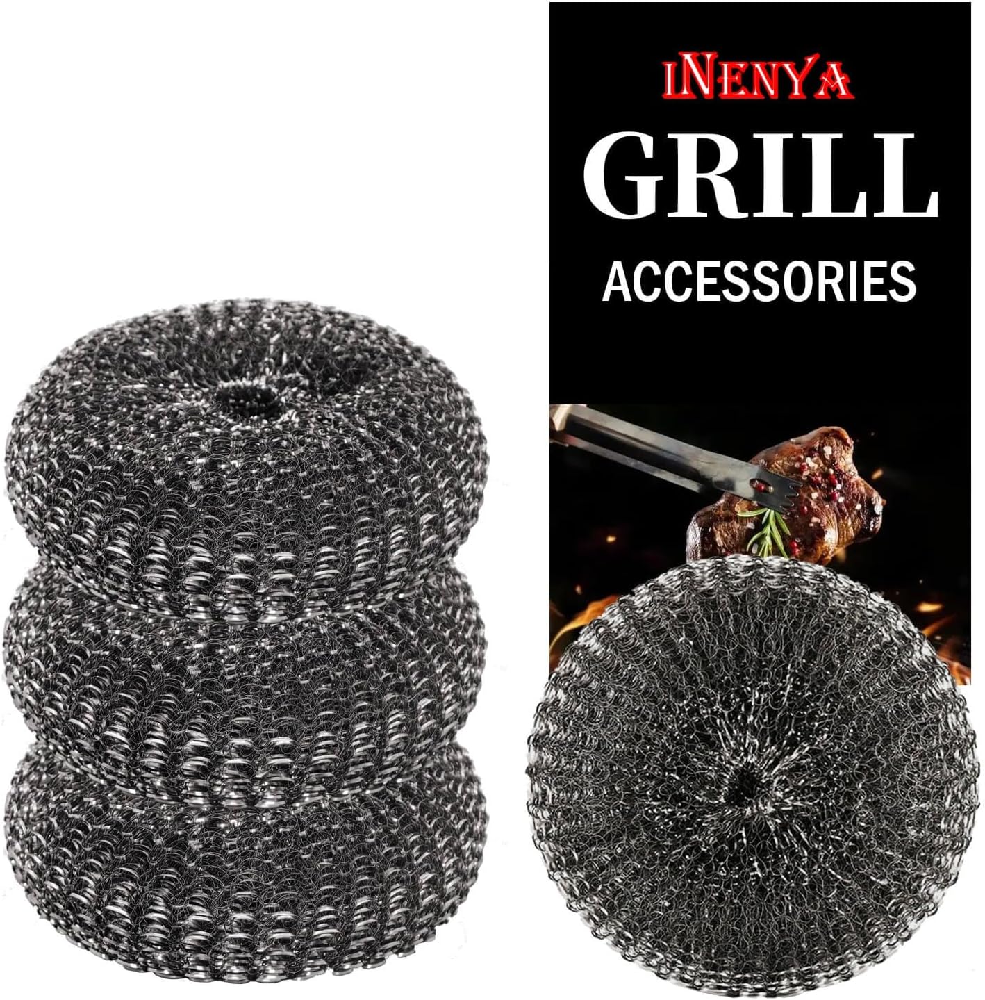 Heavy-Duty Stainless Steel Wool Barbecue Grill Cleaning Scrubber Pads, Replacement Steel Wool Brush Head for Grill Brush, 4 Pack