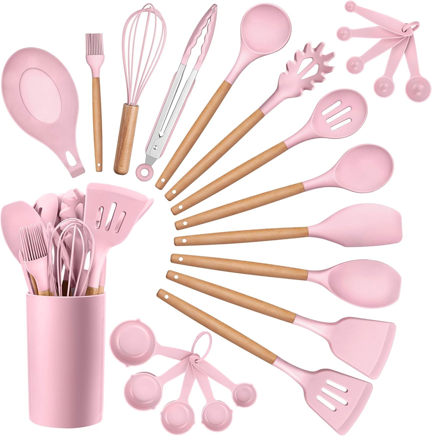 HaWare Kitchen Cooking Utensils Set, 23-Piece Silicone Kitchen Utensils Spatula Set with Holder, Heat Resistant Wooden Handle Kitchen Gadget for Nonstick Cookware, Food-grade Turner Spoon Sets (Pink)