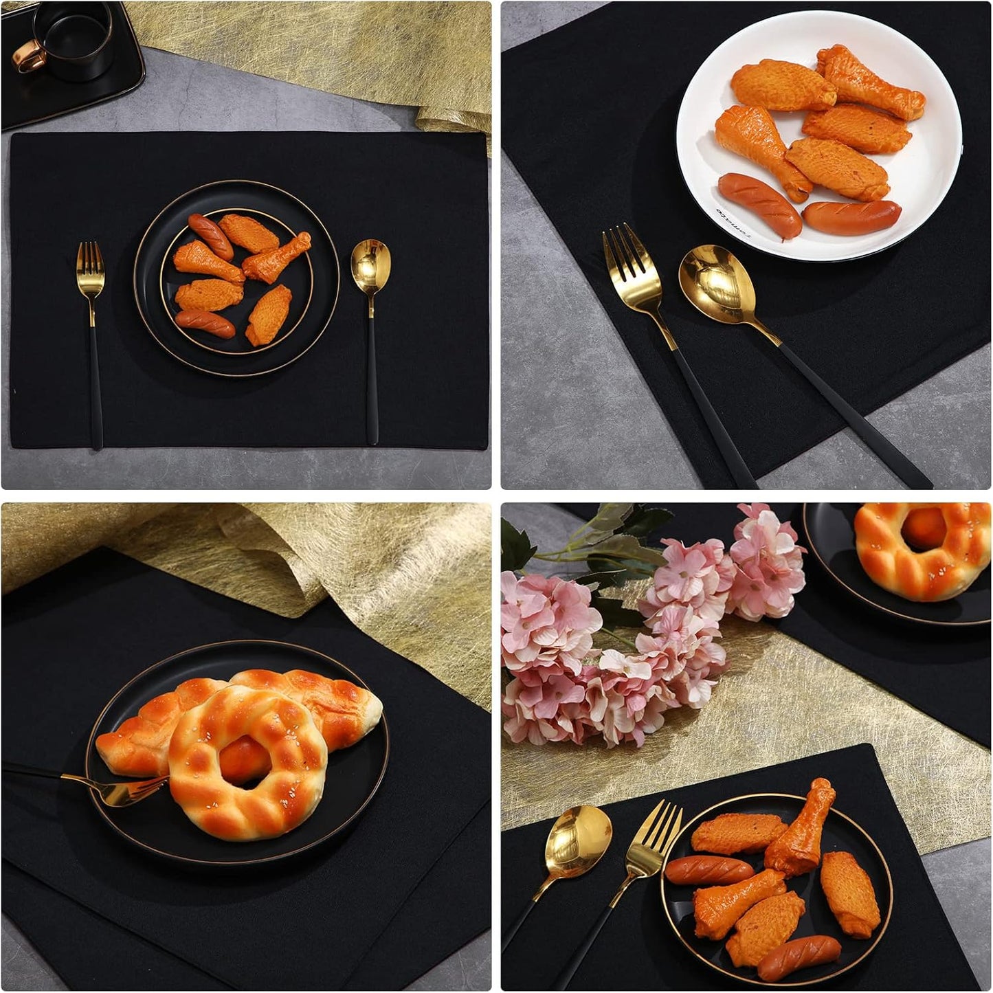 Sieral Cloth Placemats Set of 12 Rectangle Dining Table Placemats Bulk 13 x 19 Inch Machine Washable Heat Resistant Cotton Linen Table Mats for Wedding Baby Shower Birthday Party Supplies(Black)