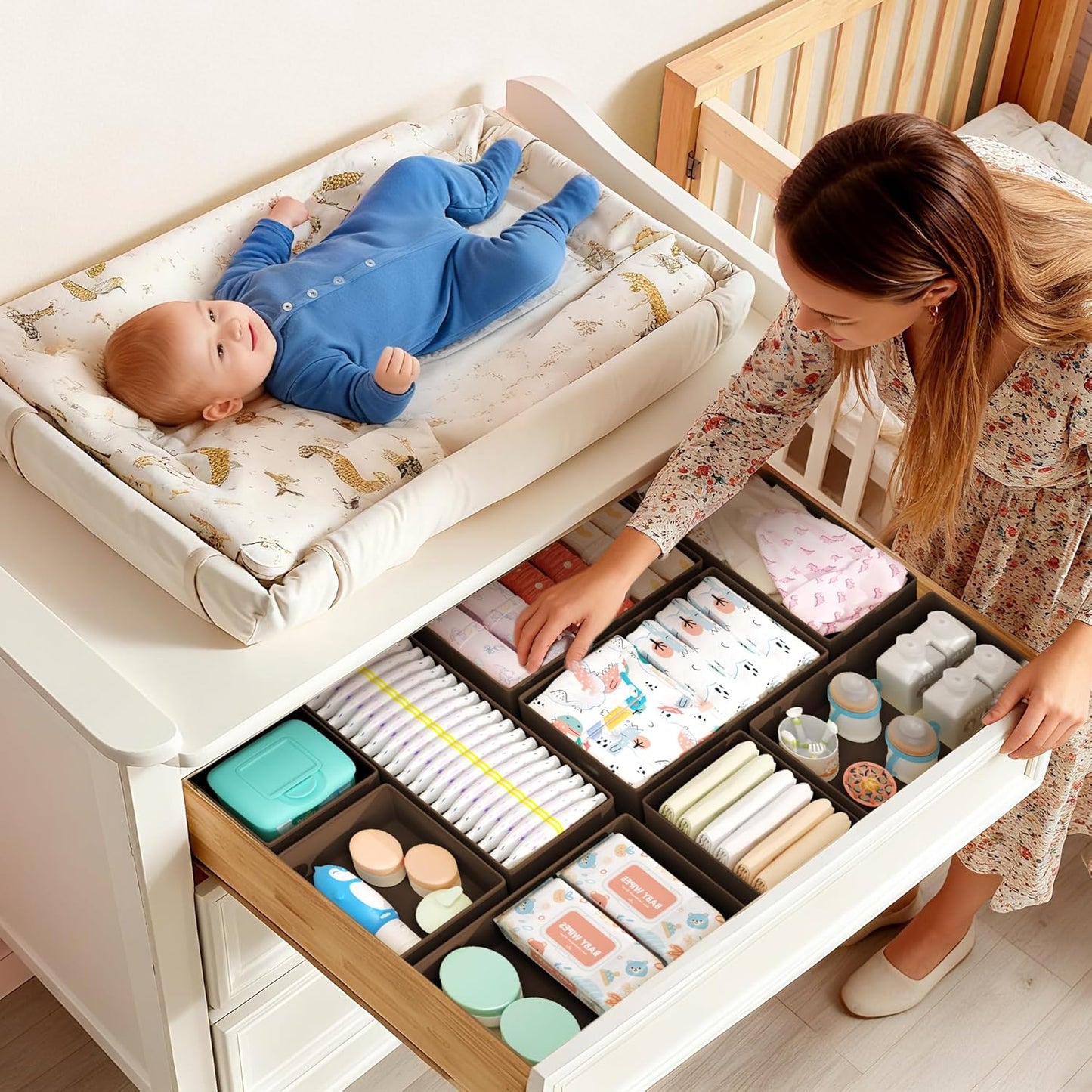 DIMJ Drawer Organizer Clothes Storage - 16 Pack Baby Dresser Organizer for Nursery, Foldable Drawer Dividers for Bedroom Closet Organization, Fabric Storage Bins for Socks, Underwears, Bras