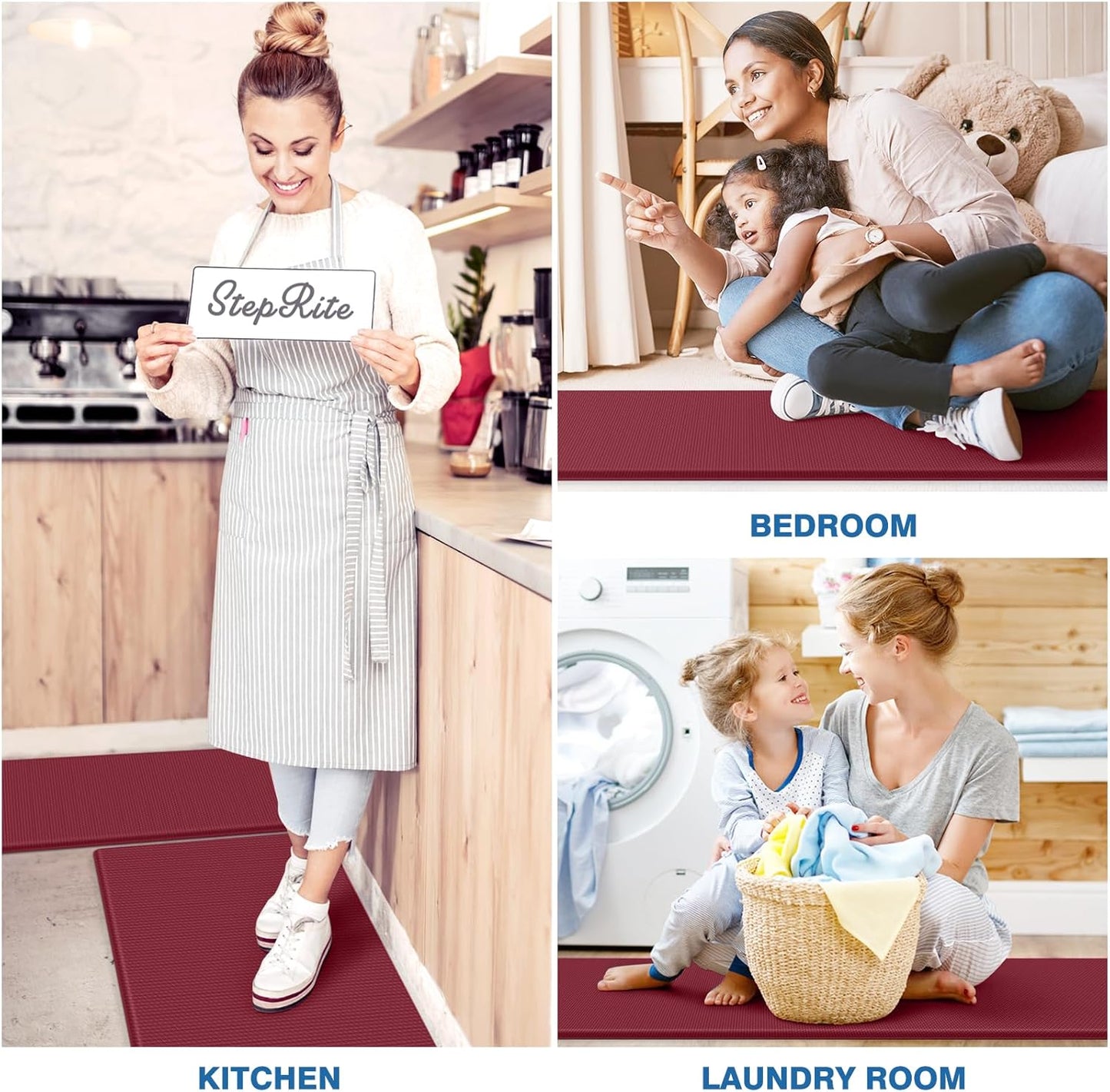 StepRite Kitchen Mats, 2PCS Kitchen Rugs, Cushioned Anti Fatigue Kitchen Mats for Floor, Non-Slip Standing Desk Mat, Waterproof Kitchen Rug Set for Kitchen, Floor, Office, 17.3"x30"+17.3"x59", Red