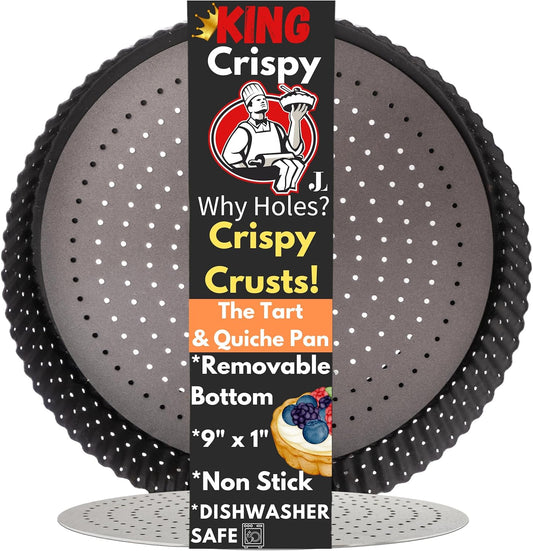 Why Holes: For The Crispiest Crusts. King Crispy's Tart & Quiche Pan. A Non-Stick, Removable Bottom, Dishwasher Safe, Perforated Fruit Tart Baking Tin (9 Inch X 1.25 Inch Shallow)