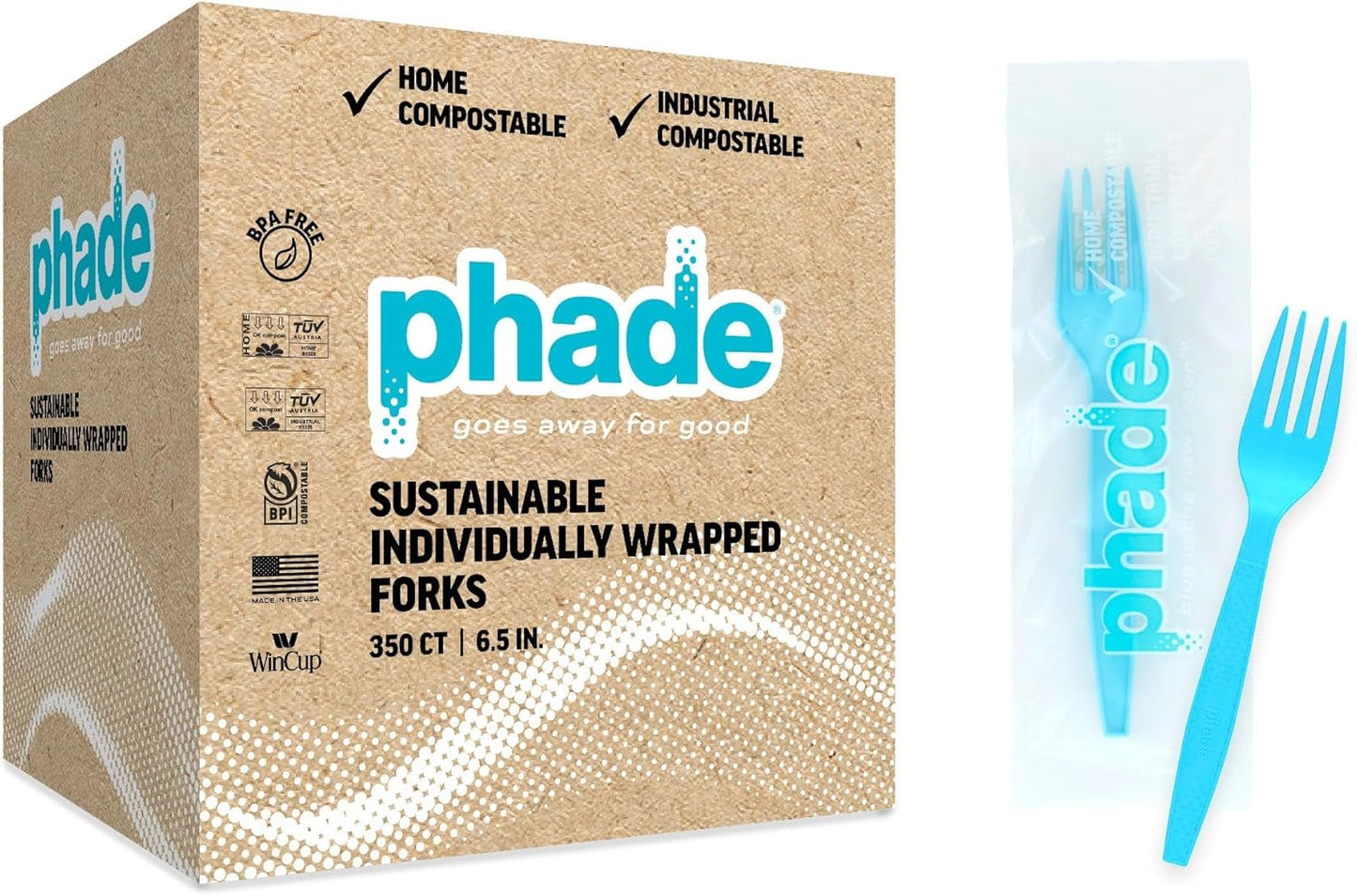 phade 100% Compostable Forks – BPI Certified Wrapped Cutlery in Compostable Packaging, 350 Bulk Count, 6.5 Inch Sustainable Disposable Utensils for Events, Takeout, Home – Made in USA