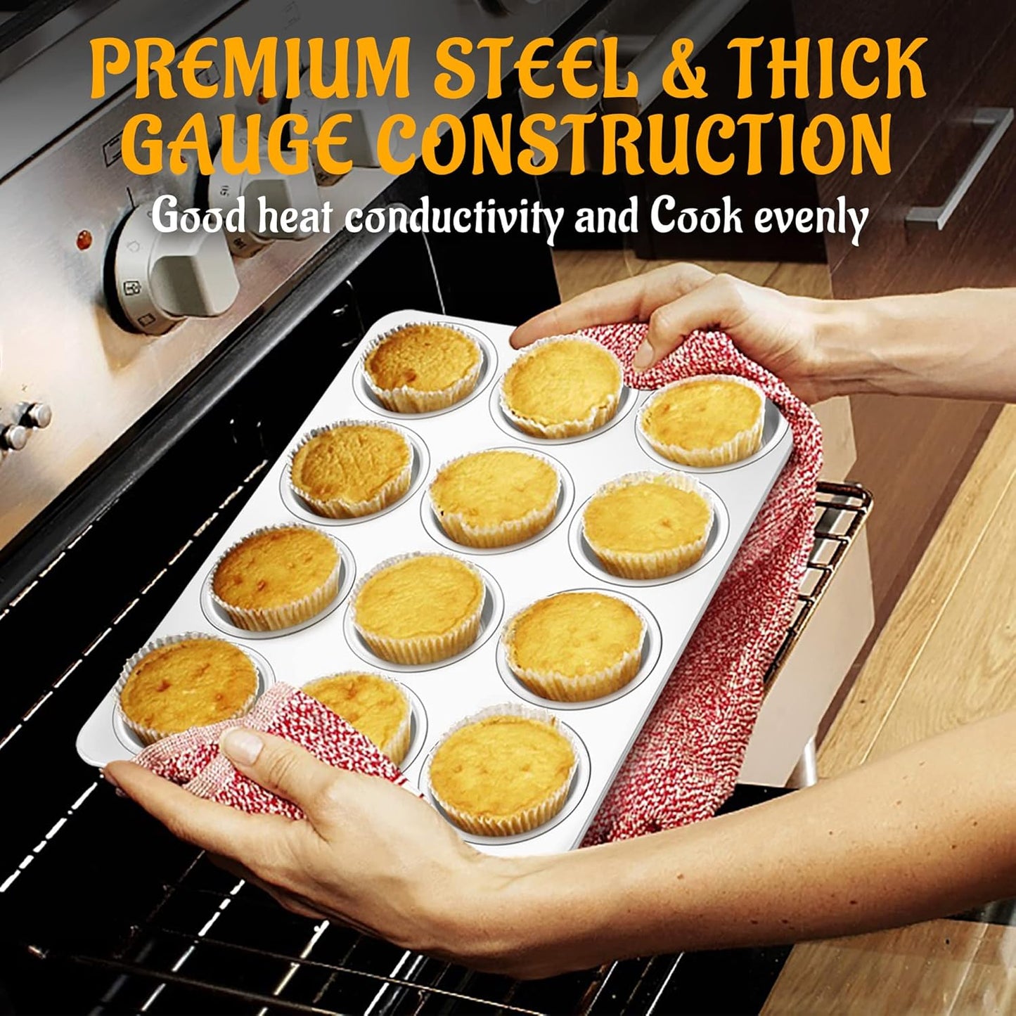 E-far Muffin Pan 12-Cup, Set of 2, Stainless Steel Cupcake Pan Metal Muffin Baking Tins for Oven, Regular Size & Easy Clean, Non-toxic & Dishwasher Safe