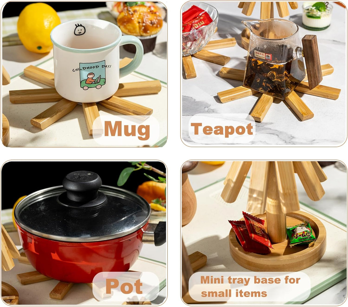 8" Bamboo Tree Trivets Set with Mini Tray (3 Trivets+1 Stand), Heat Resistant Pot Holders Serving Mats for Kitchen Countertops/Table, Bamboo