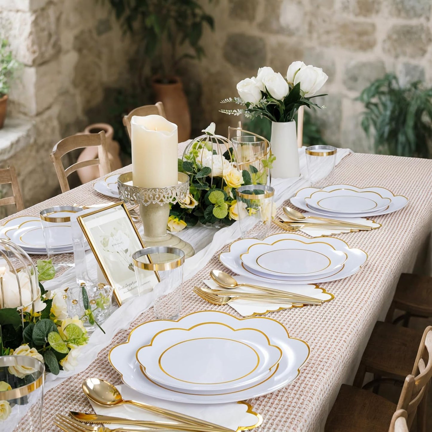 WONDERFUL 350PCS White Plastic Plates for Party Plates Disposable Heavy Duty Plastic Dinnerware Sets for 50 Guests - 100 Disposable Plate,150 Silverware,50 Cups,50 Wedding Napkins for Party Wedding