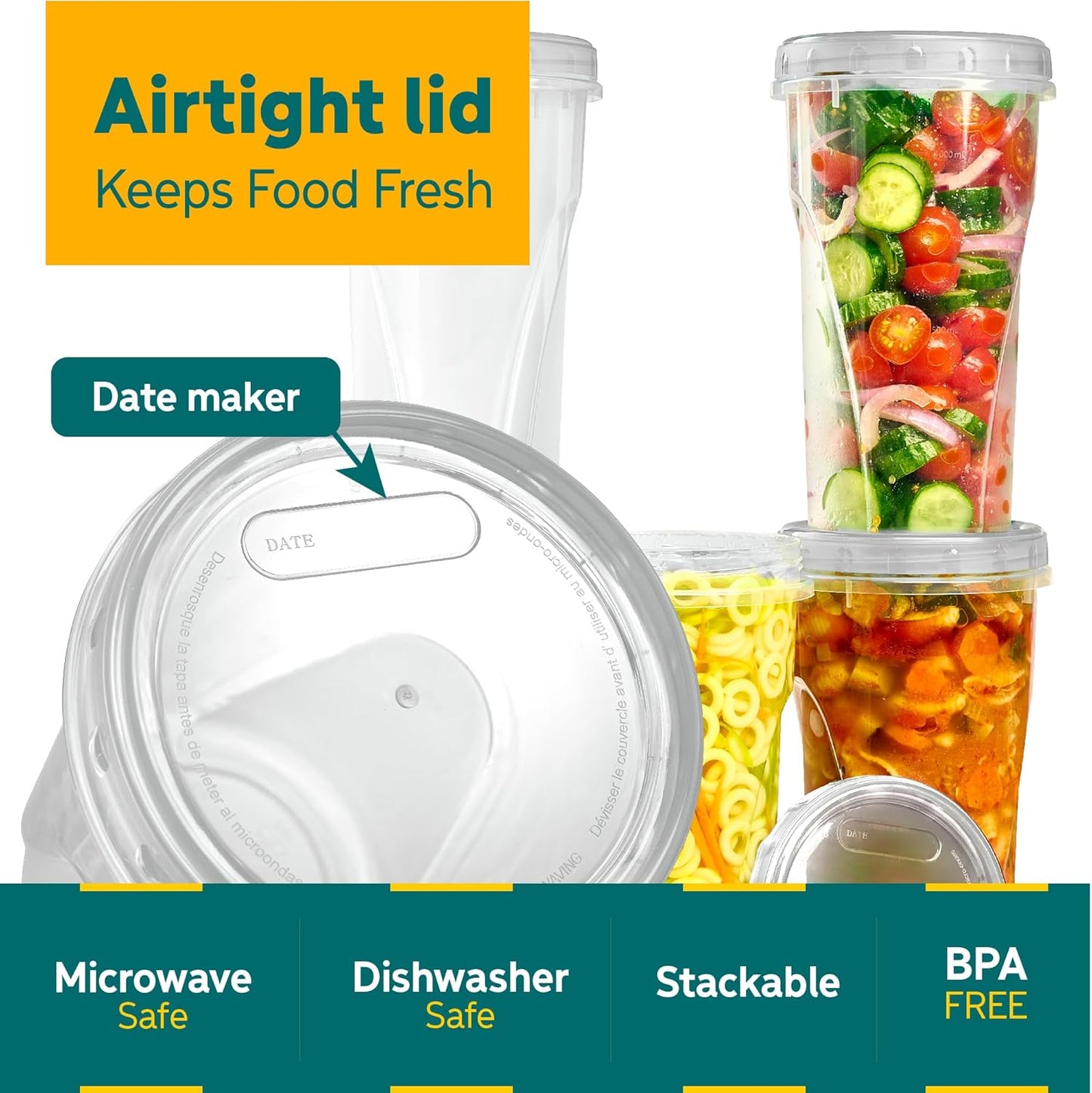 PLASTICPRO 6 Pack Twist Cap Food Storage Containers with Clear Screw on Lid- 48 oz Reusable Meal Prep Containers - Large Freezer Containers Microwave Safe Clear Plastic Food Storage