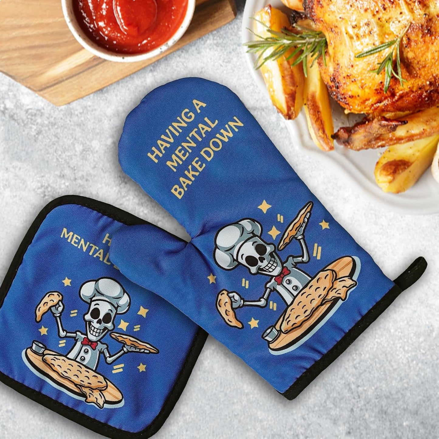 Funny Skeleton Oven Mitts and Pot Holders（Set of 2） Having A Mental Bake Down Heat Resistant Kitchen Mitts Silicone Non-Slip Oven Mitts Sweet Housewarming Gift for Women Men Chef Bake Lover