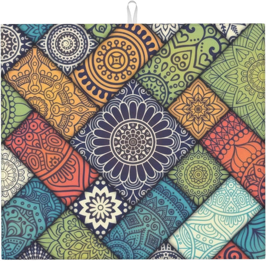 Retro Boho Dish Drying Mat 16x18 Inch, Microfiber Absorbent Fast Dry Mat Mandala Large Dish Mat Drying Kitchen Mat, Kitchen Drying Pad for Kitchen Counter Coffee Bar Decor Gifts