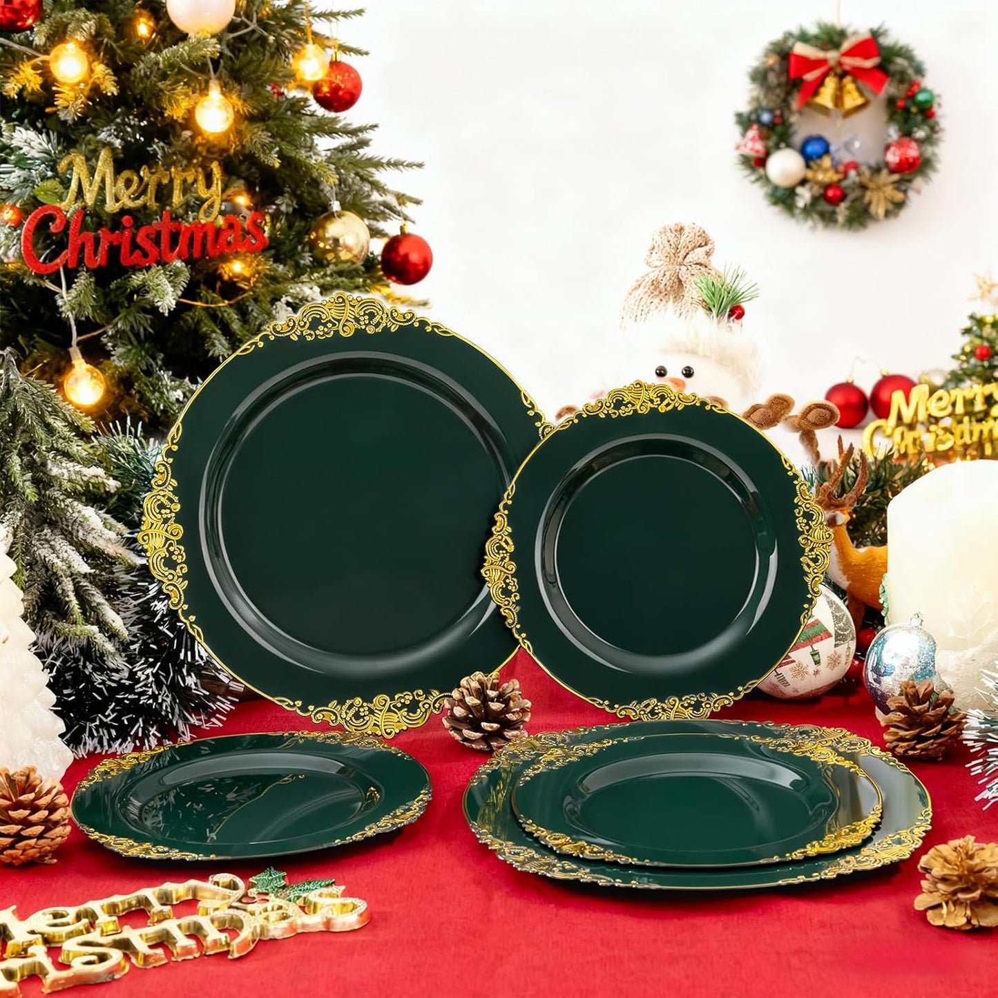 102PCS Green and Gold Plates - Green Plastic Plate - Fancy Heavy Duty Disposable Plates - Heavyweight Disposable Dinner & Dessert Plate for 51 Guests for Party & Christmas
