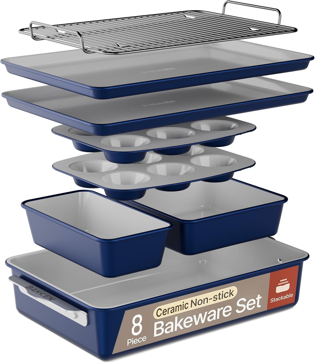 Bakken 8-Piece Stackable Bakeware Set - Ceramic Non-Stick Coating, Baking Sheets, Assorted Baking Pans, PTFE, PFOA & PFOS Free - Healthy Baking, Ergonomic Handles, Cooling Rack, Non-Toxic, Oven-Safe