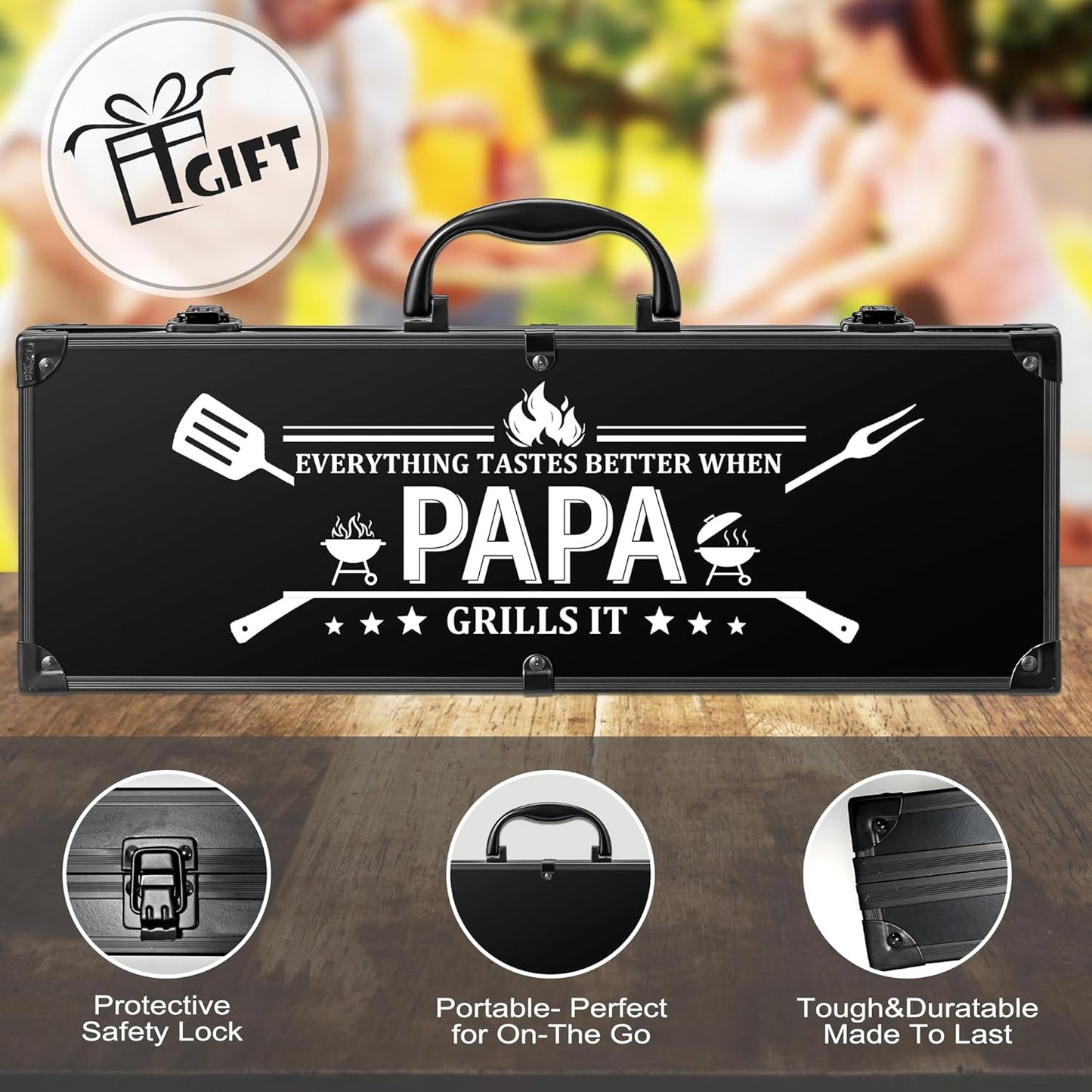 Papa Gifts, Grilling Accessories, Heavy Duty Stainless Steel Grill Set BBQ Grill Tools for Outdoor Grill with Aluminum Case, Papa Grill Utensils Ideal Christmas Grilling Gift for Men(Black)