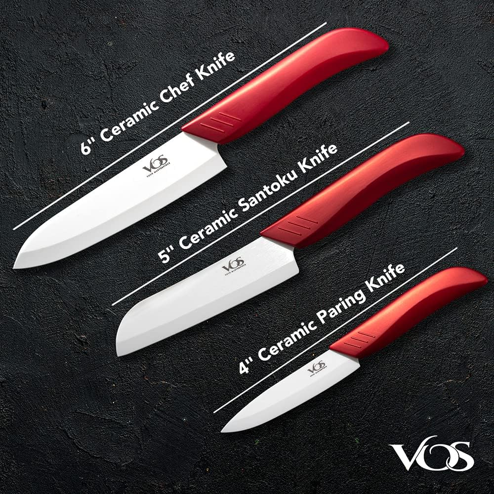 Vos Ceramic Knife Set in Elegant Gift Box, Ceramic Knives Set For Kitchen, Ultra Sharp Kitchen Knife Set with Covers, 4" 5" 6" Paring, Santoku & Chef Knife, Lightweight, Dishwasher safe (Red Handle)