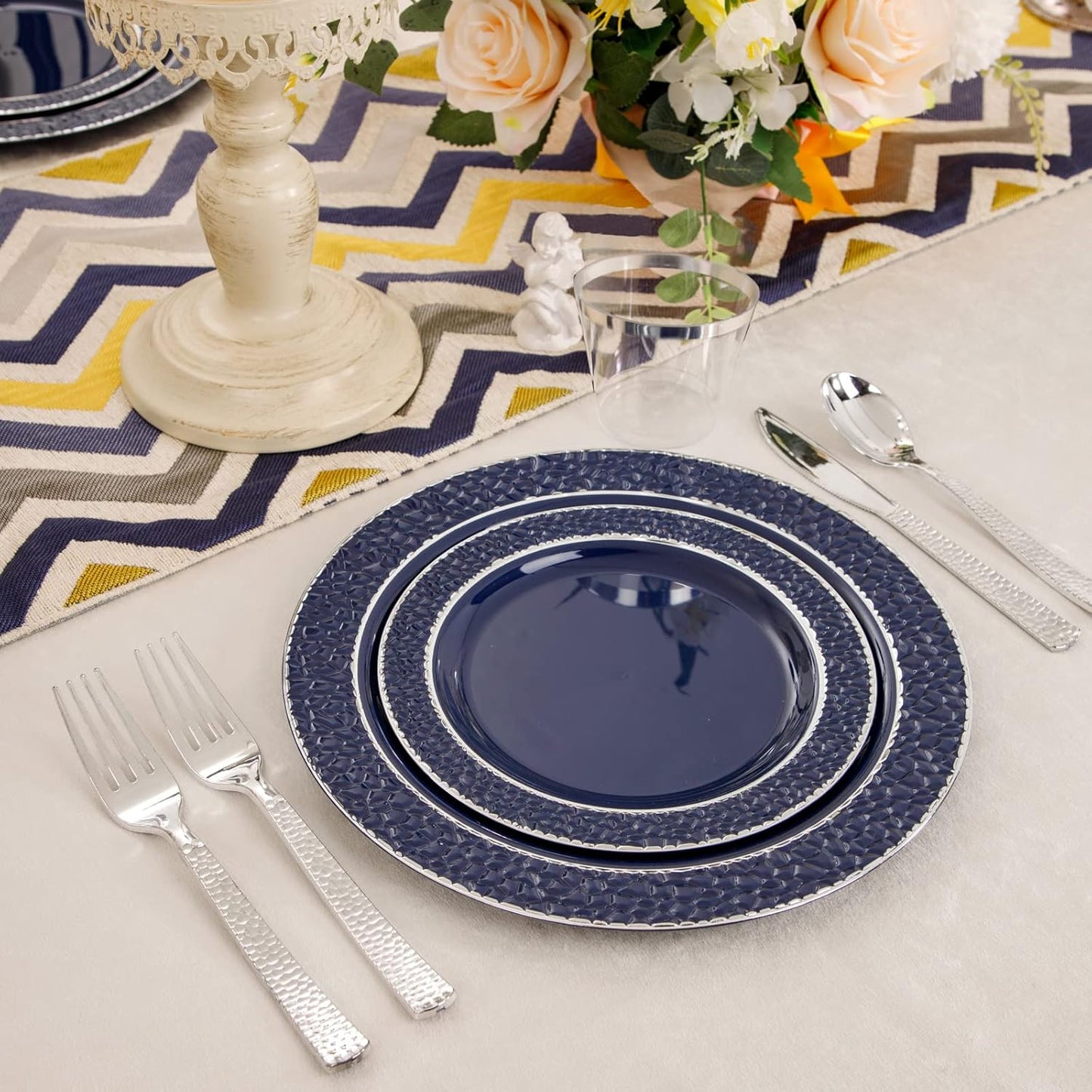 Ciaell 150 PCS Blue and Silver Plastic Plates - Blue Disposable Plate include 50 Plates, 25 Knives, 25 Forks, 25 Spoons, 25 Cups for Weddings & Party & Christmas